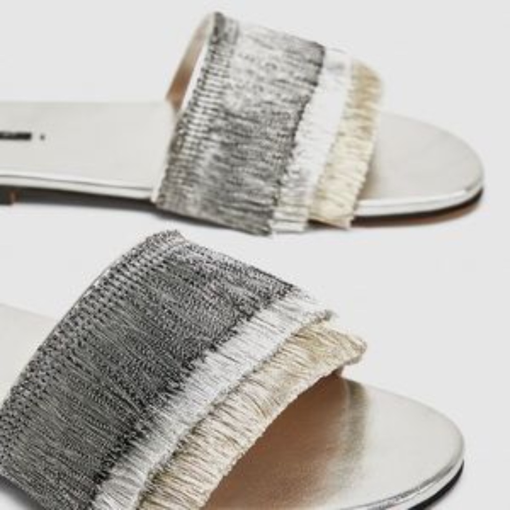NWT ZARA SILVER FRINGE SANDALS